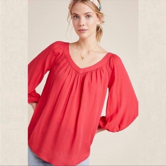 Anthropologie Maeve Red Boho Boswell Casual Balloon Sleeve Top Size 0 - Picture 1 of 16